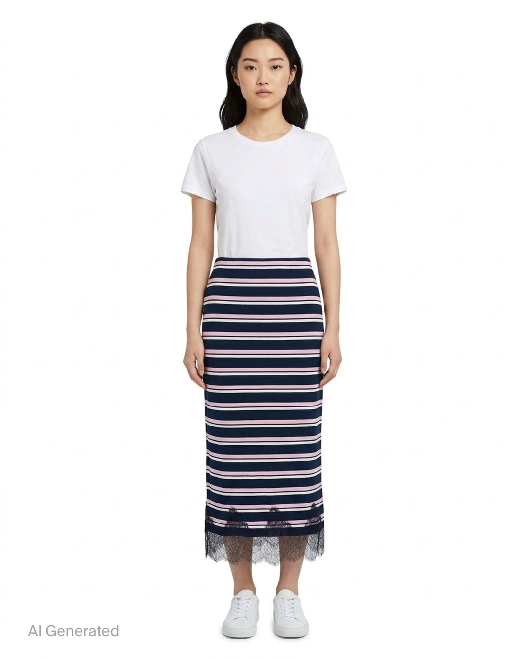Mardi Mercredi maxi skirt with navy, pink and white horizontal stripes and a scalloped navy lace hem - front