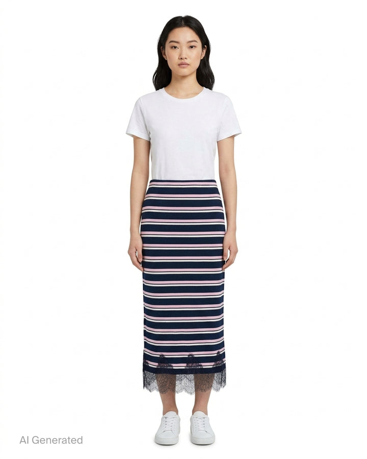 Mardi Mercredi maxi skirt with navy, pink and white horizontal stripes and a scalloped navy lace hem - front