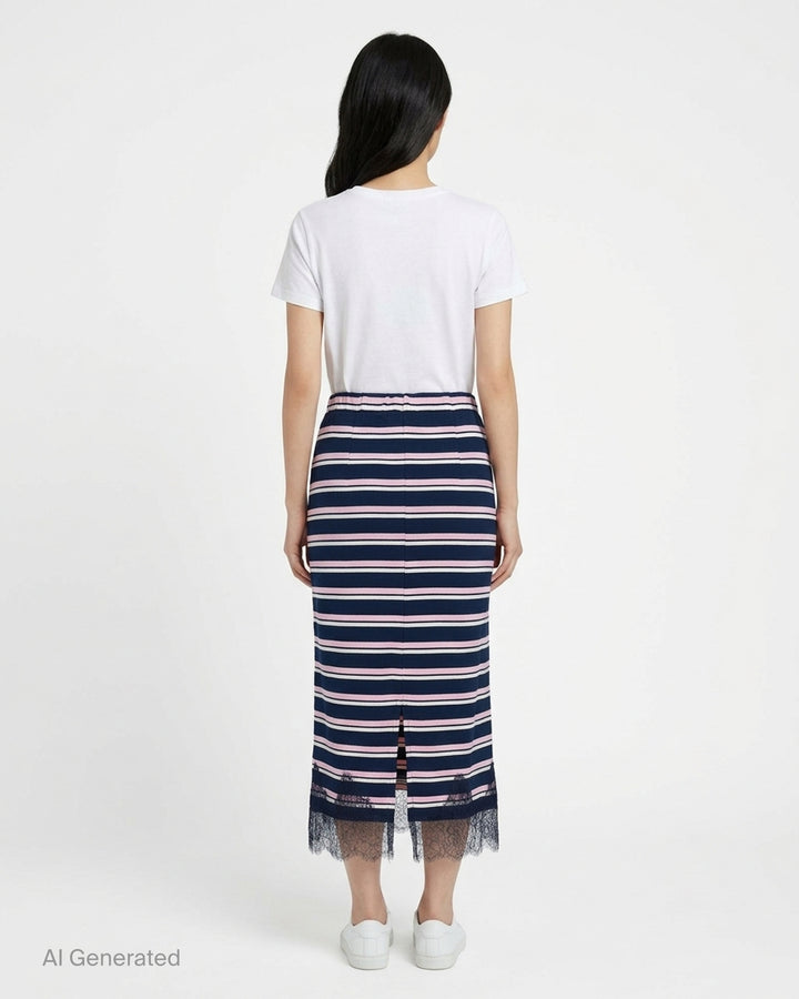 Mardi Mercredi maxi skirt with navy, pink and white horizontal stripes and a scalloped navy lace hem - back