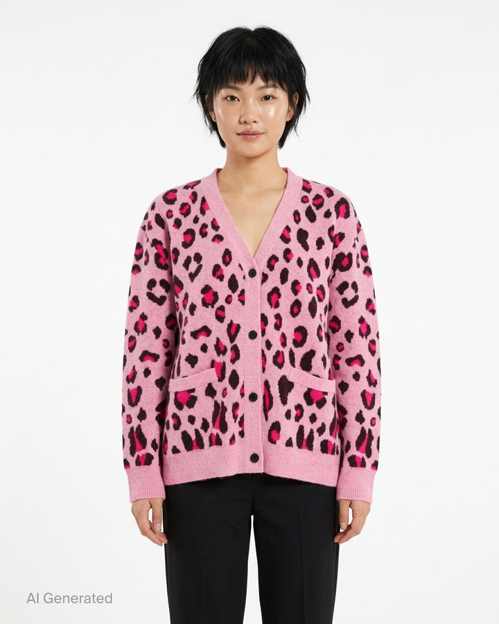 Mardi Mercredi pink wool blend cardigan with fuchsia and dark brown leopard jacquard pattern, V-neck, black buttons and patch pockets - front