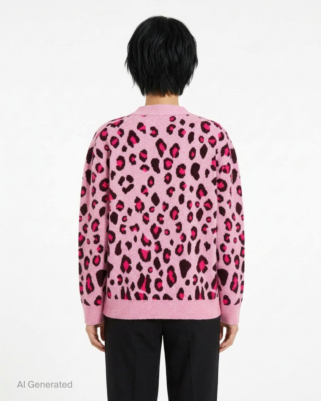Mardi Mercredi pink wool blend cardigan with fuchsia and dark brown leopard jacquard pattern, V-neck, black buttons and patch pockets - back