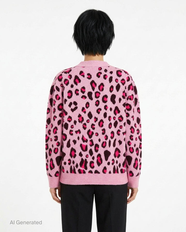 Mardi Mercredi pink wool blend cardigan with fuchsia and dark brown leopard jacquard pattern, V-neck, black buttons and patch pockets - back
