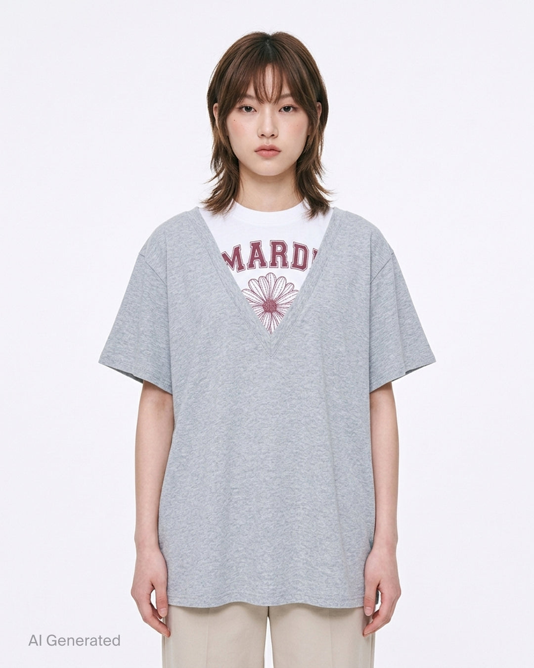 Mardi Mercredi oversized heather grey layered V-neck tee with white under-layer and burgundy varsity daisy graphic - front