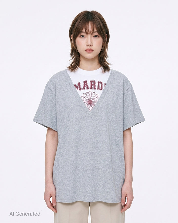 Mardi Mercredi oversized heather grey layered V-neck tee with white under-layer and burgundy varsity daisy graphic - front