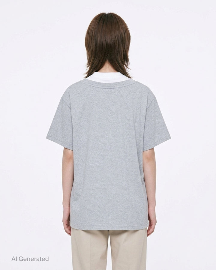 Mardi Mercredi oversized heather grey layered V-neck tee with white under-layer and burgundy varsity daisy graphic - back