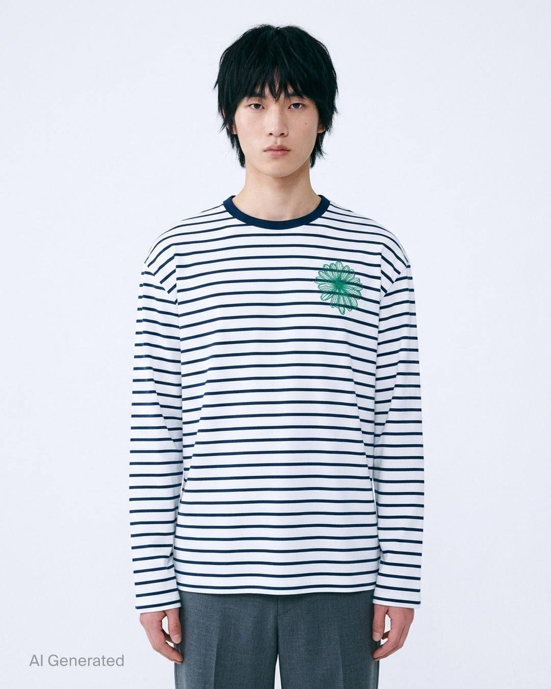 Mardi Mercredi long sleeve tee in white with navy horizontal stripes, a navy ribbed crew neck and an embroidered green flower at the chest - front