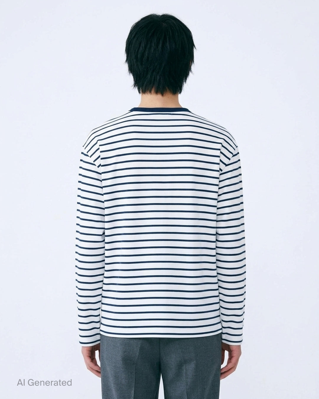 Mardi Mercredi long sleeve tee in white with navy horizontal stripes, a navy ribbed crew neck and an embroidered green flower at the chest - back