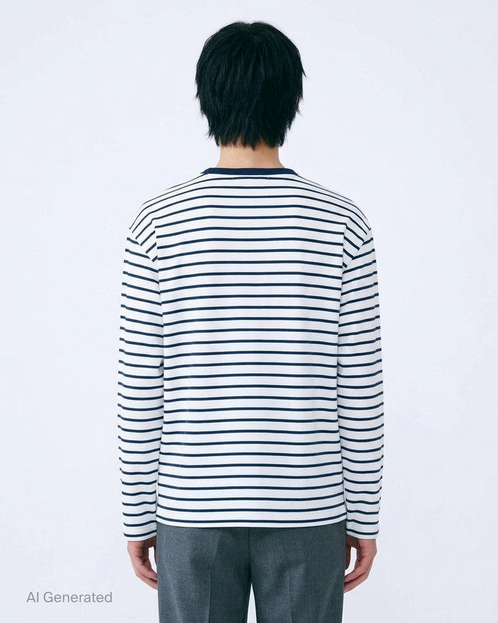 Mardi Mercredi long sleeve tee in white with navy horizontal stripes, a navy ribbed crew neck and an embroidered green flower at the chest - back