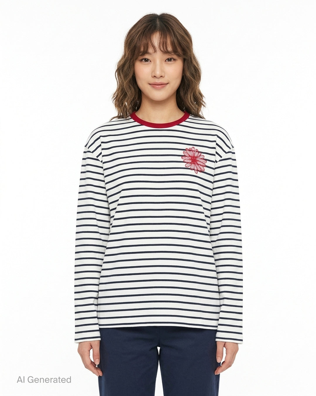 Mardi Mercredi navy and white striped slub cotton long sleeve tee with a red ribbed collar and embroidered red flower at the chest - front