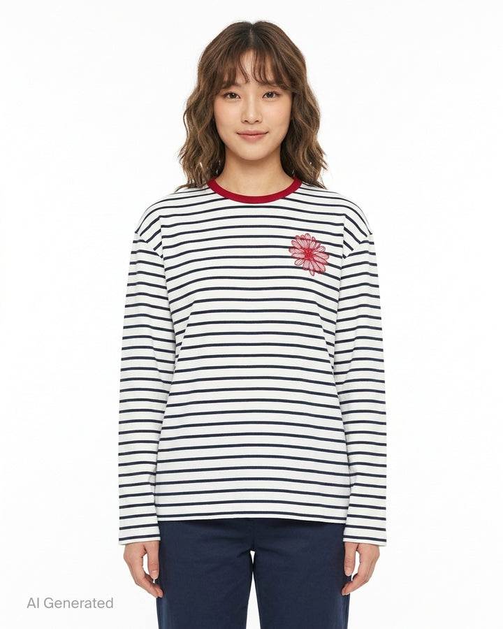 Mardi Mercredi navy and white striped slub cotton long sleeve tee with a red ribbed collar and embroidered red flower at the chest - front