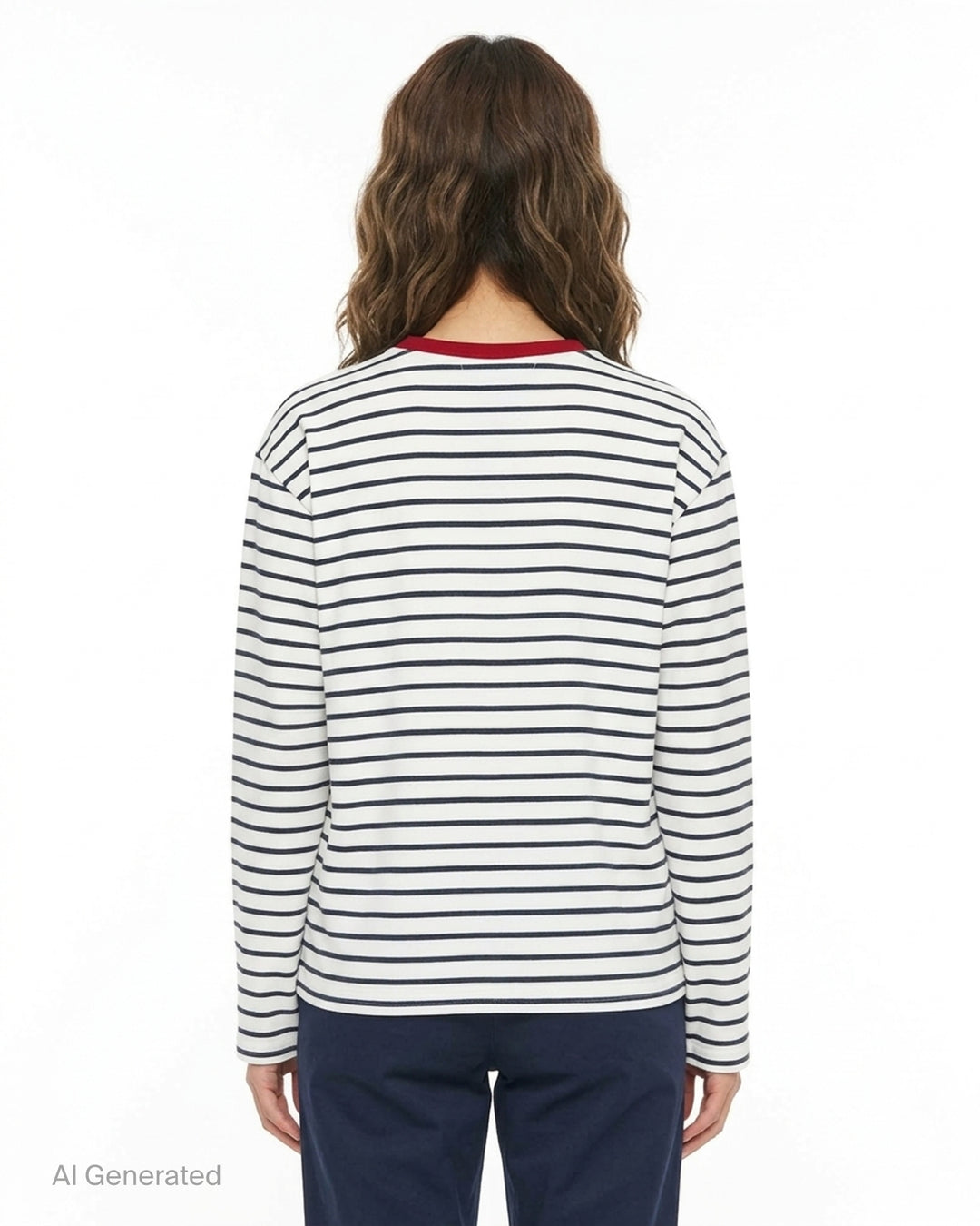 Mardi Mercredi navy and white striped slub cotton long sleeve tee with a red ribbed collar and embroidered red flower at the chest - back