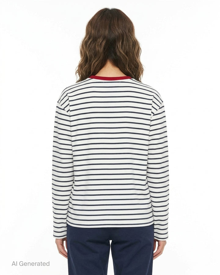 Mardi Mercredi navy and white striped slub cotton long sleeve tee with a red ribbed collar and embroidered red flower at the chest - back