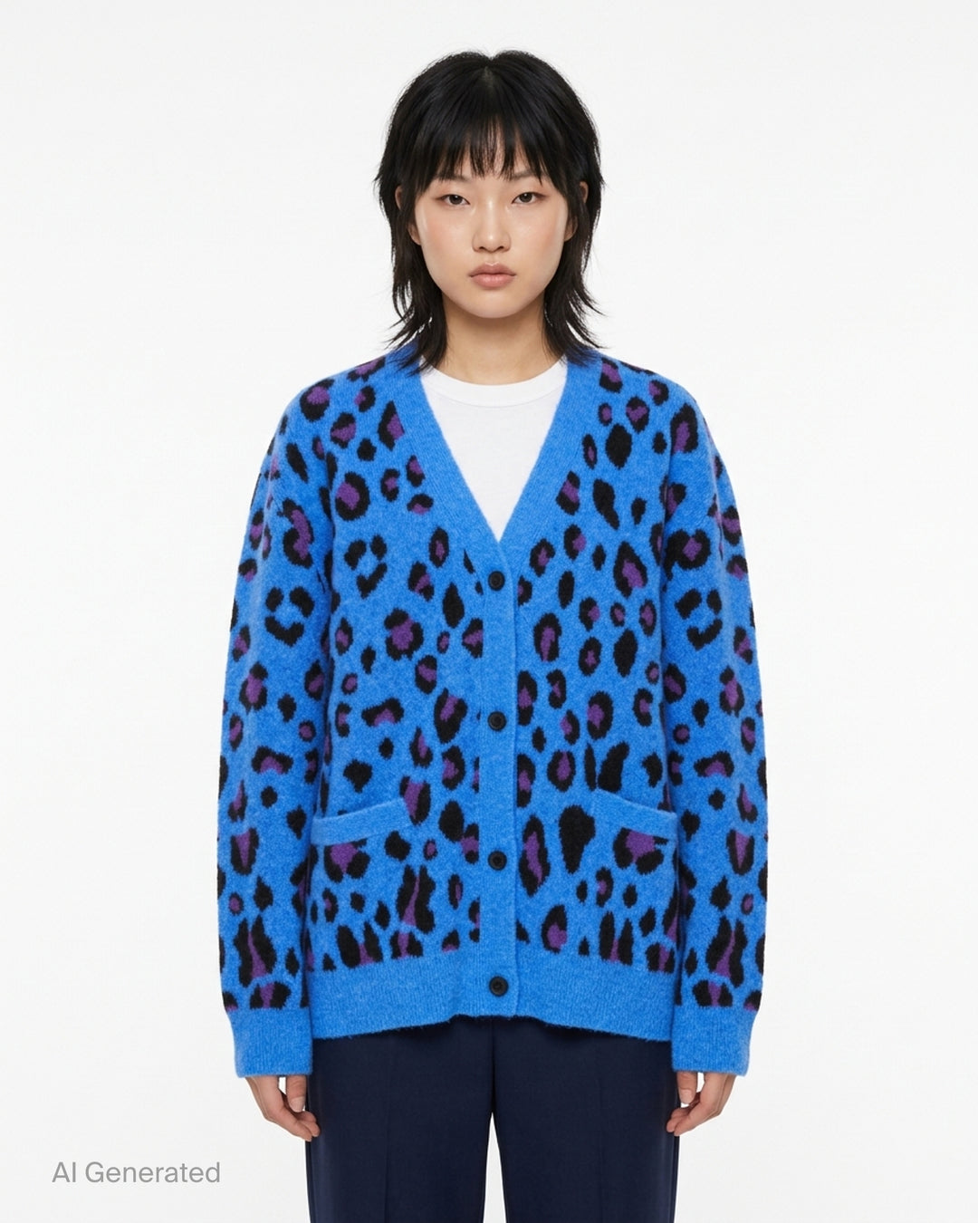 Mardi Mercredi oversized blue wool blend cardigan with black and purple leopard jacquard pattern, V-neck, button front, and patch pockets - front