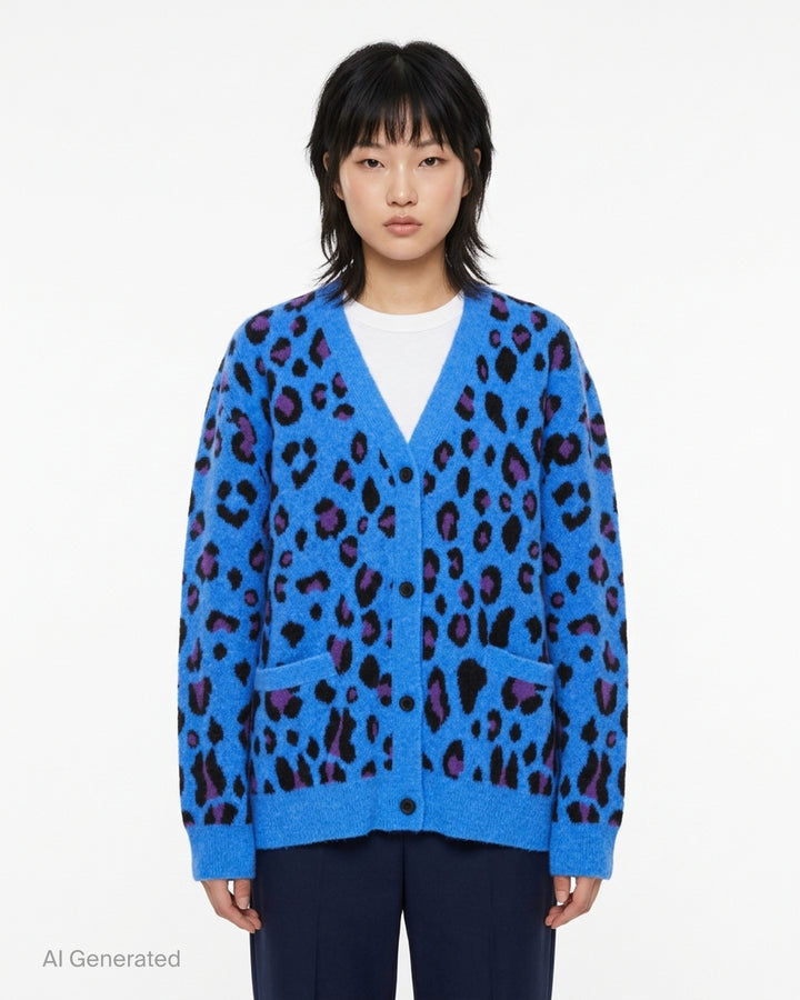 Mardi Mercredi oversized blue wool blend cardigan with black and purple leopard jacquard pattern, V-neck, button front, and patch pockets - front