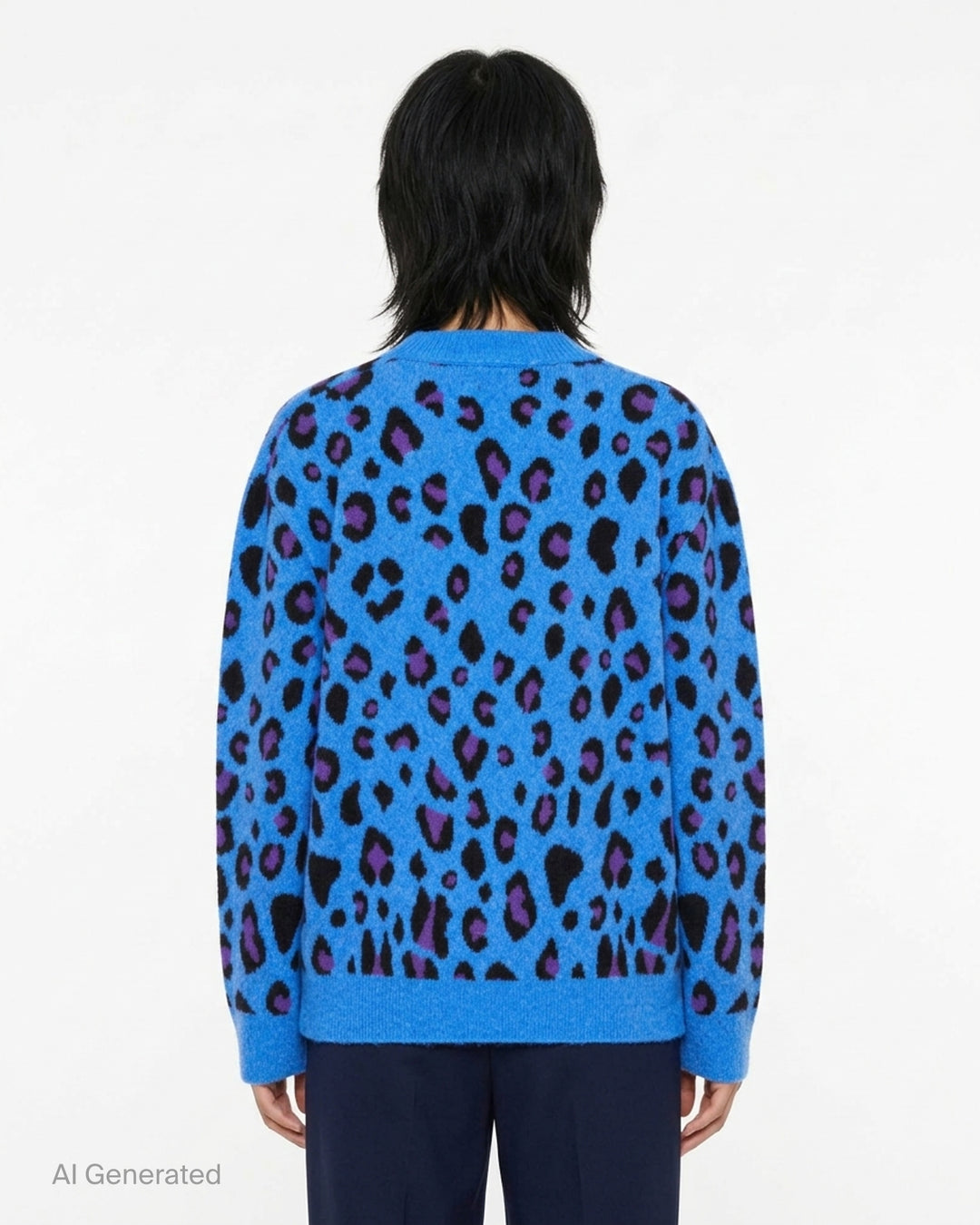 Mardi Mercredi oversized blue wool blend cardigan with black and purple leopard jacquard pattern, V-neck, button front, and patch pockets - back