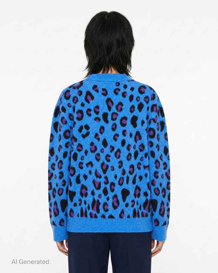 Mardi Mercredi oversized blue wool blend cardigan with black and purple leopard jacquard pattern, V-neck, button front, and patch pockets - back