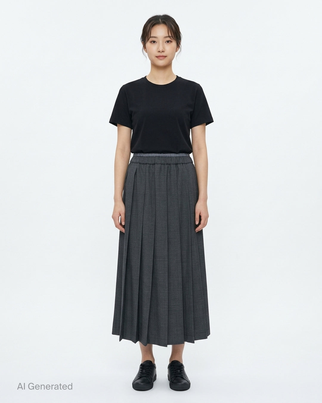 Charcoal glen check wool pleated midi skirt with elasticated waistband by Mardi Mercredi - front