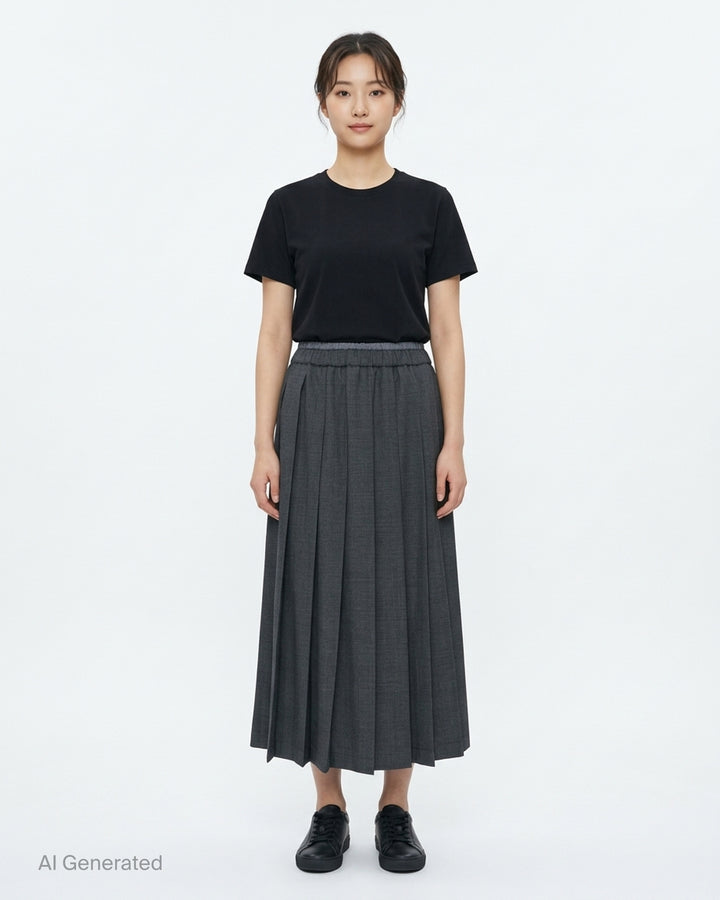 Charcoal glen check wool pleated midi skirt with elasticated waistband by Mardi Mercredi - front