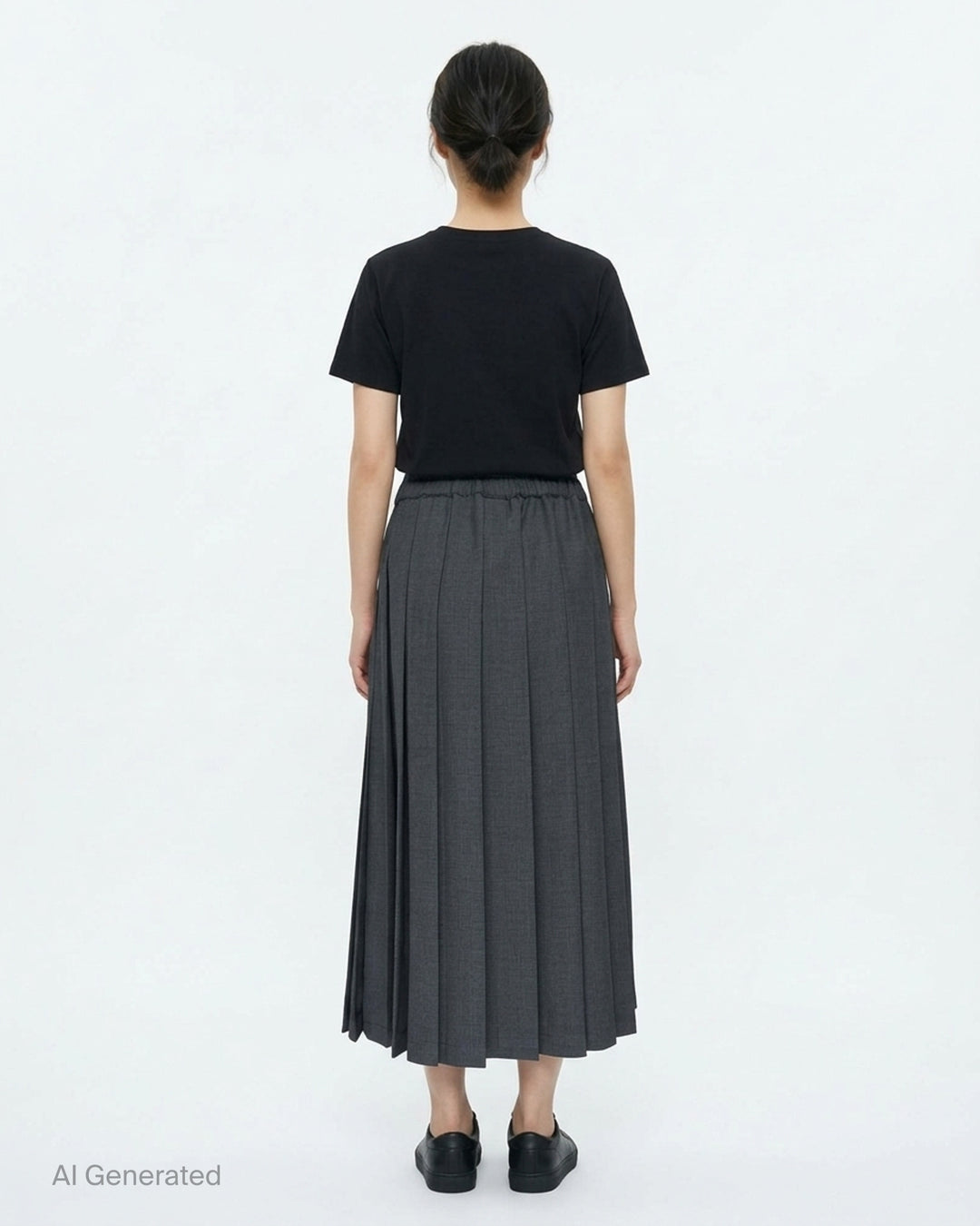 Charcoal glen check wool pleated midi skirt with elasticated waistband by Mardi Mercredi - back