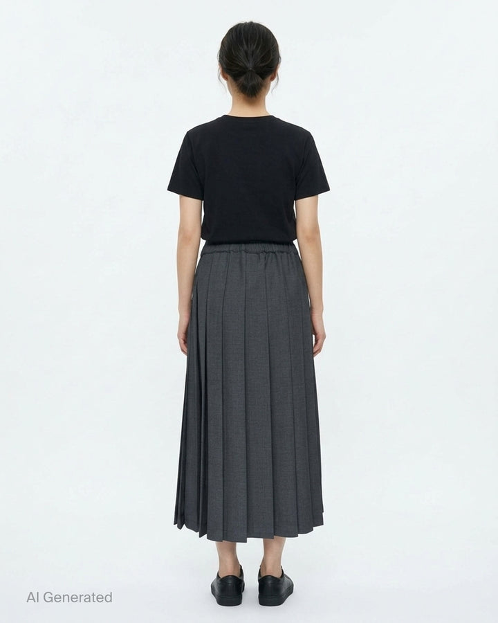 Charcoal glen check wool pleated midi skirt with elasticated waistband by Mardi Mercredi - back
