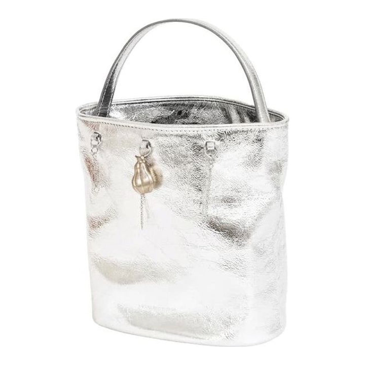Marge Sherwood Wired Bucket Bag in crinkled metallic silver leather with a slim top handle and gold-tone charm on chain - packshot