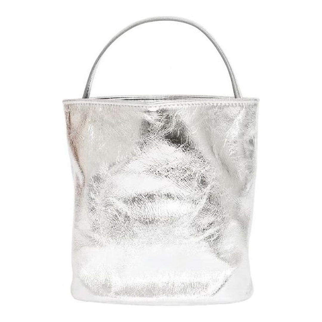Marge Sherwood Wired Bucket Bag in crinkled metallic silver leather with a slim top handle and gold-tone charm on chain - packshot