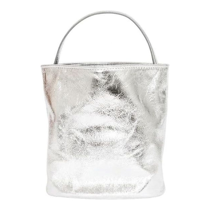 Marge Sherwood Wired Bucket Bag in crinkled metallic silver leather with a slim top handle and gold-tone charm on chain - packshot