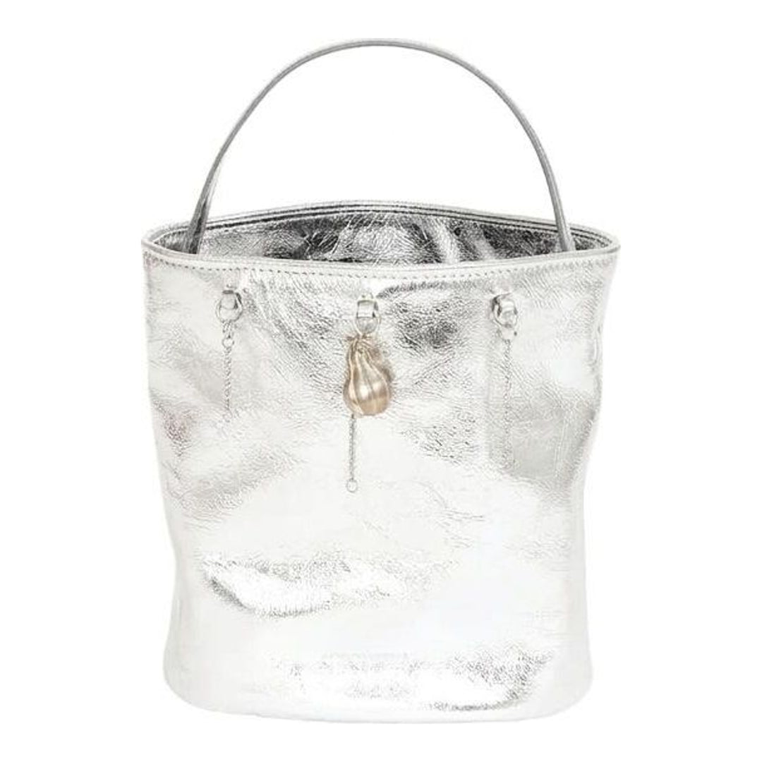 Marge Sherwood Wired Bucket Bag in crinkled metallic silver leather with a slim top handle and gold-tone charm on chain - packshot