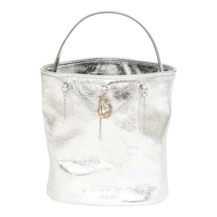 Marge Sherwood Wired Bucket Bag in crinkled metallic silver leather with a slim top handle and gold-tone charm on chain - packshot