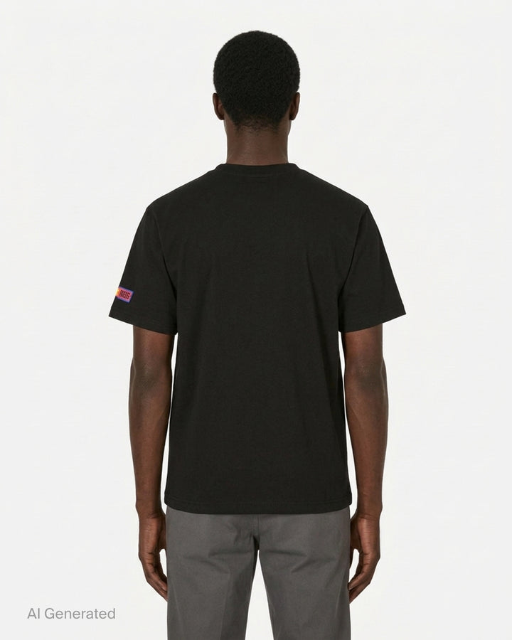 Martine Rose black short-sleeve T-shirt with a yellow, red and blue Flash Forward graphic patch on the chest - back