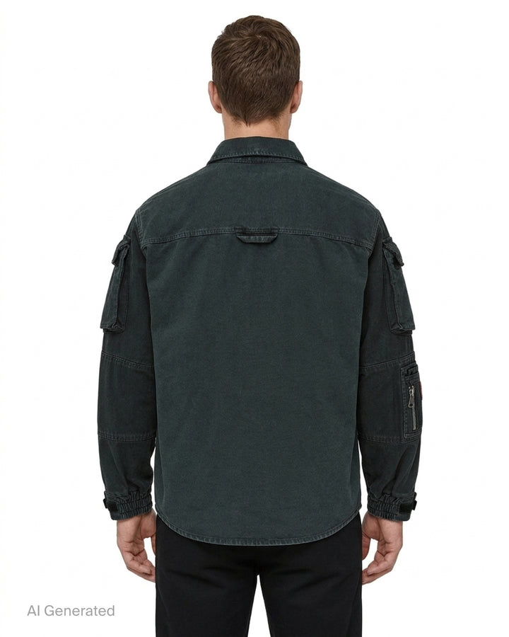 Martine Rose utility sleeve shirt in washed charcoal with snap-button front, flap sleeve pockets and woven Martine Classics chest label - back