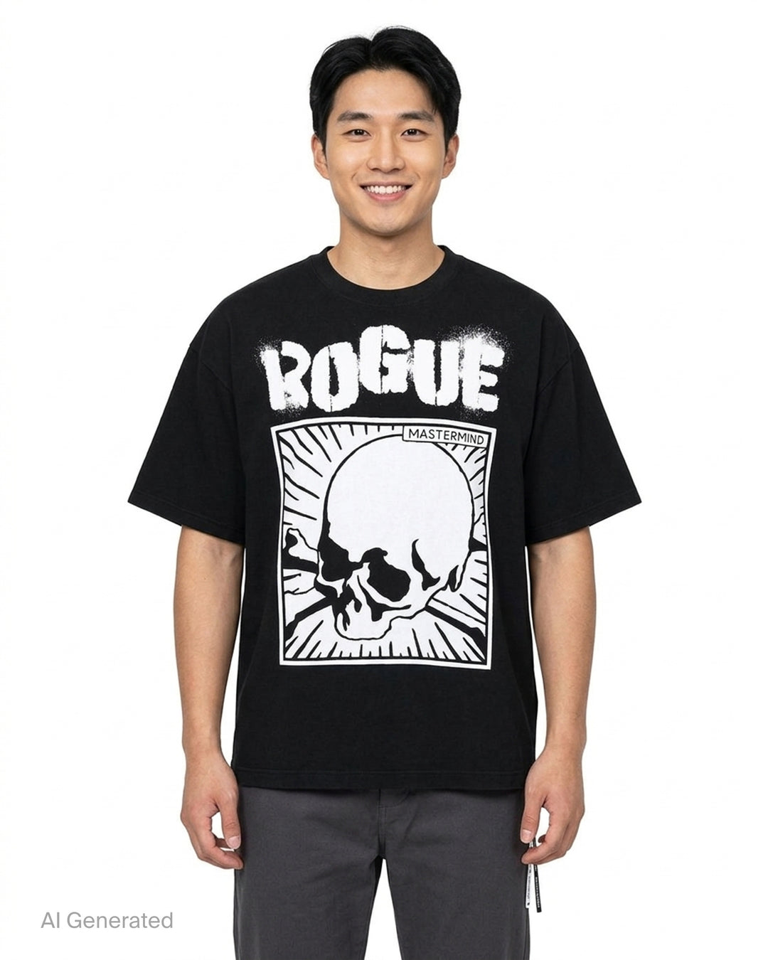 Mastermind black boxy short sleeve tee with white spray-stencil ROGUE lettering and a framed cartoon skull and crossbones graphic - front