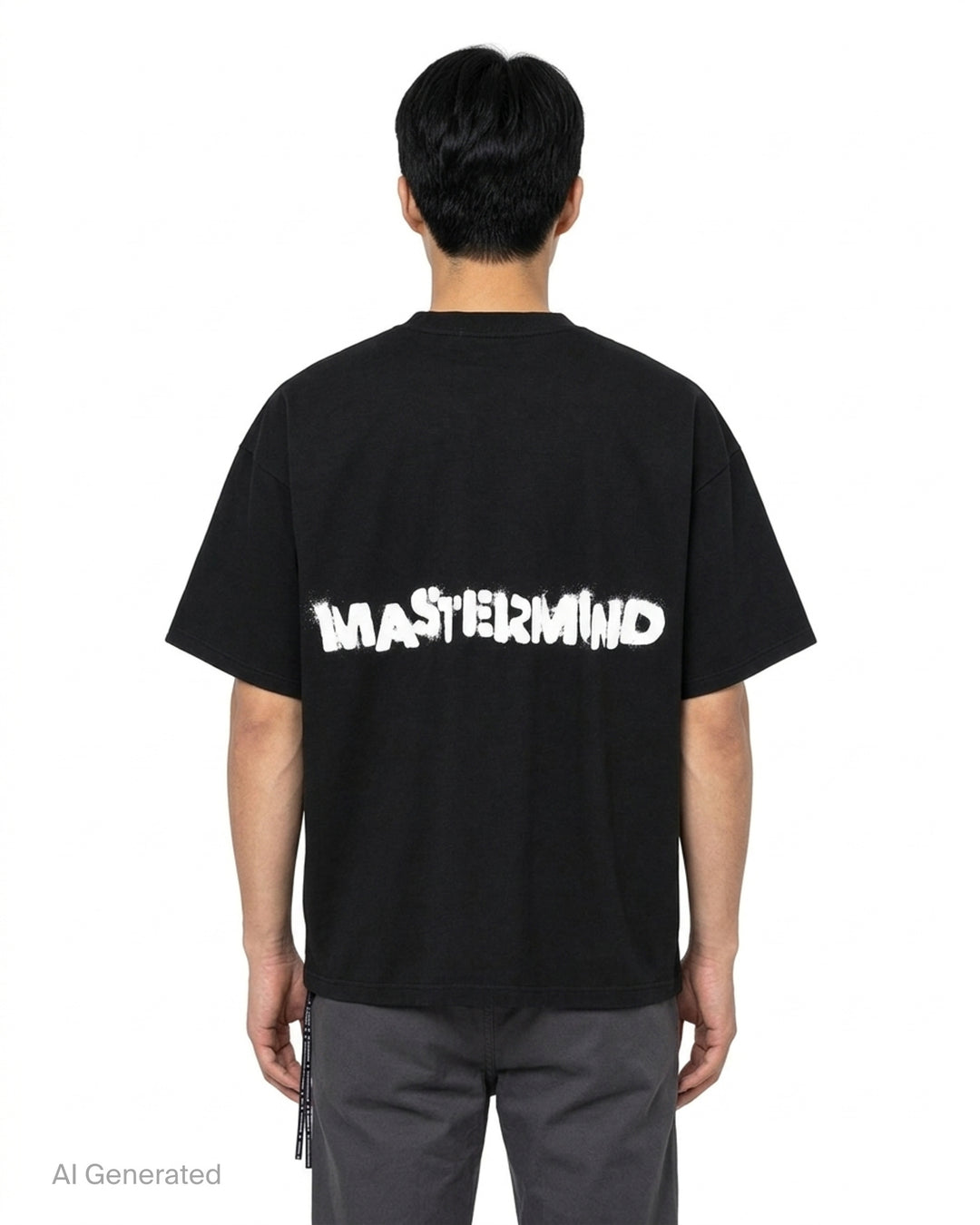 Mastermind black boxy short sleeve tee with white spray-stencil ROGUE lettering and a framed cartoon skull and crossbones graphic - back