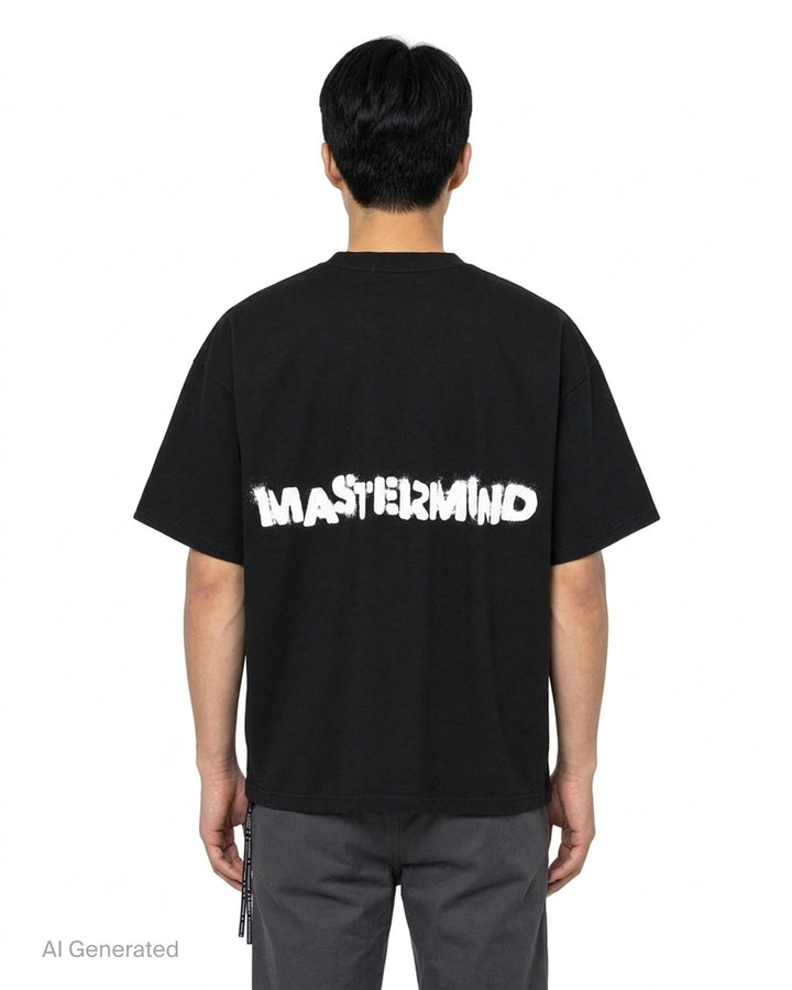 Mastermind black boxy short sleeve tee with white spray-stencil ROGUE lettering and a framed cartoon skull and crossbones graphic - back
