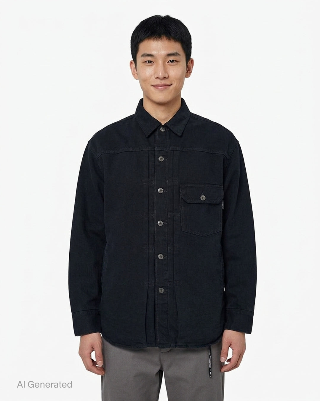 Mastermind washed black denim shirt jacket with pleated front, snap buttons and flap chest pocket - front
