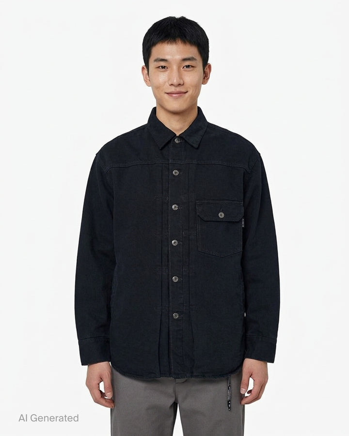 Mastermind washed black denim shirt jacket with pleated front, snap buttons and flap chest pocket - front