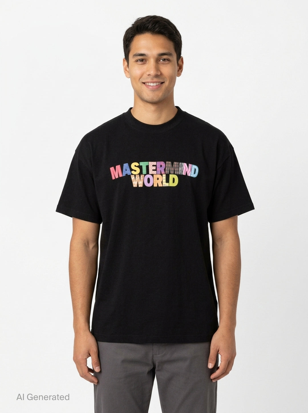 Mastermind World black boxy short sleeve tee with multicolour plaid-patterned arched logo wordmark printed across the chest - front