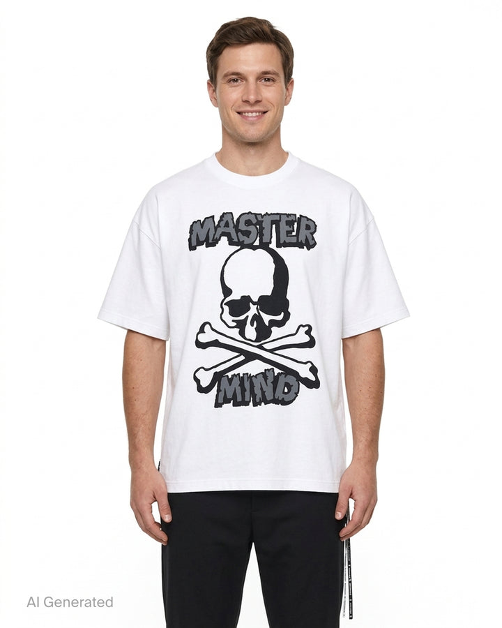 Mastermind white short sleeve tee with a large black and grey skull and crossbones graphic and MASTER MIND lettering - front