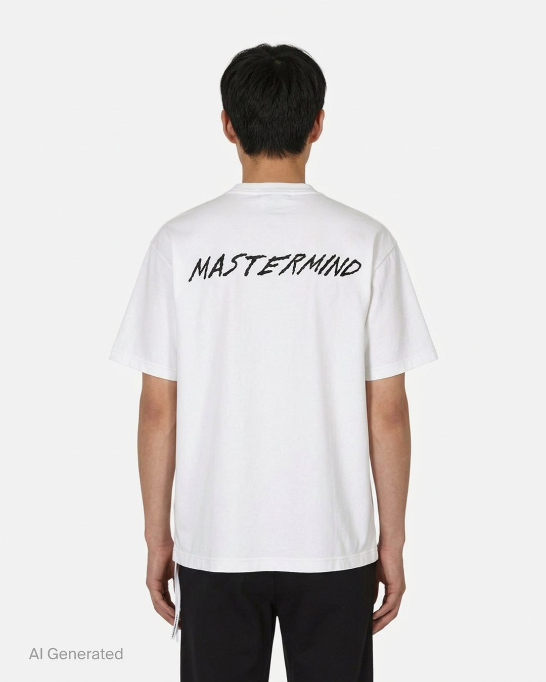 Mastermind World Skull Kid white short sleeve tee with pink skull-and-crossbones graphic and black vertical lettering - back
