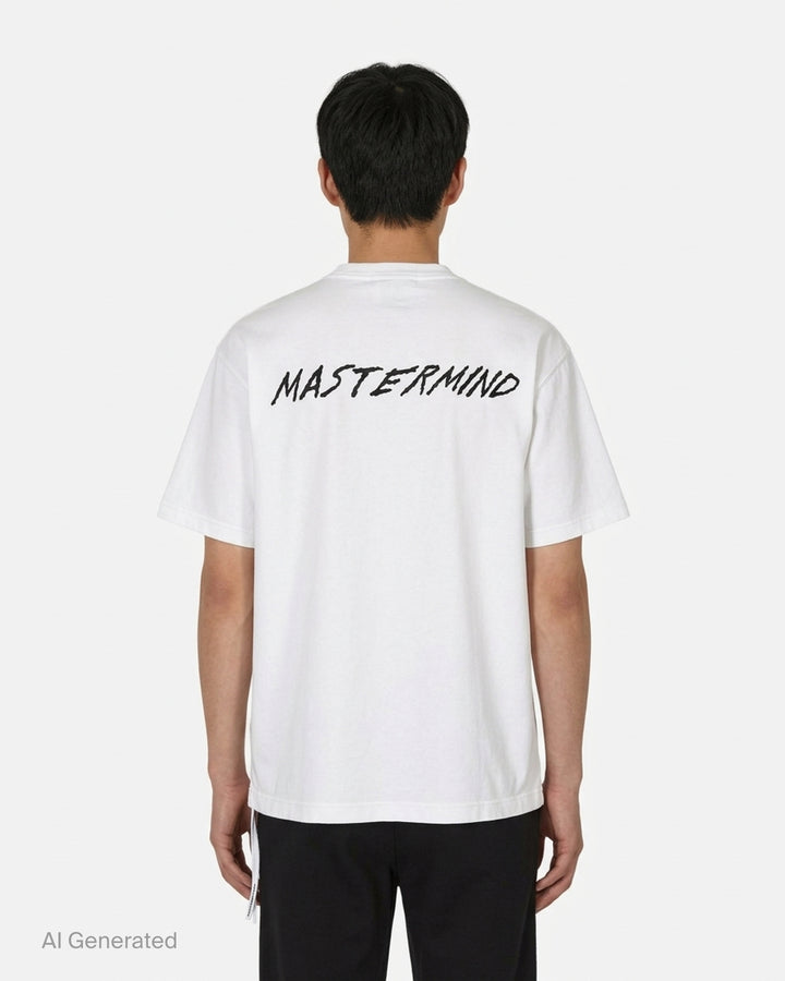 Mastermind World Skull Kid white short sleeve tee with pink skull-and-crossbones graphic and black vertical lettering - back
