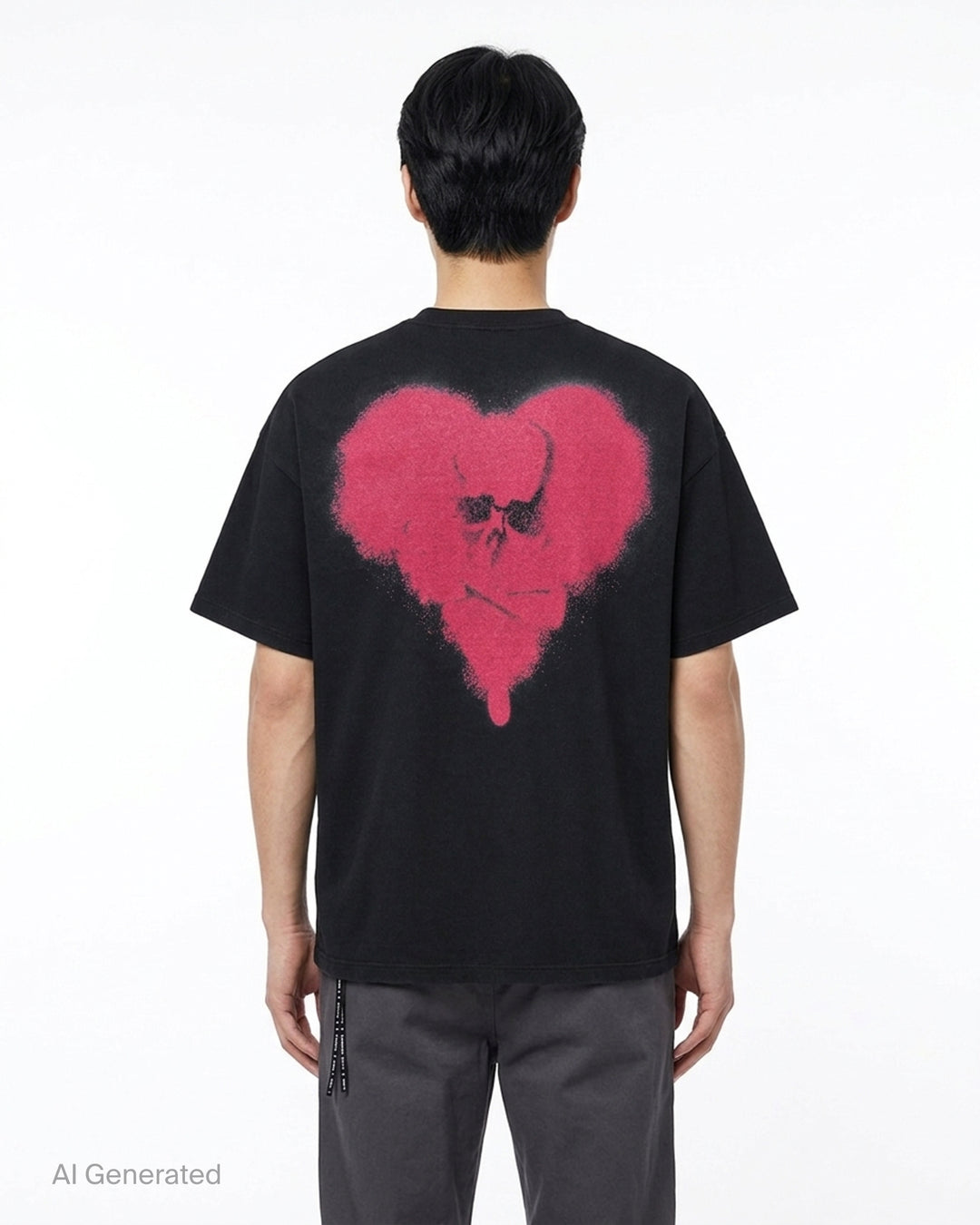 Mastermind black short sleeve tee with a white spray-paint stencil logo graphic on the chest and a logo drawcord at the hem - back