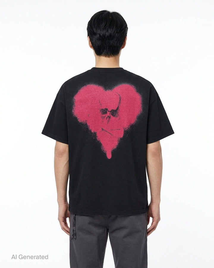Mastermind black short sleeve tee with a white spray-paint stencil logo graphic on the chest and a logo drawcord at the hem - back