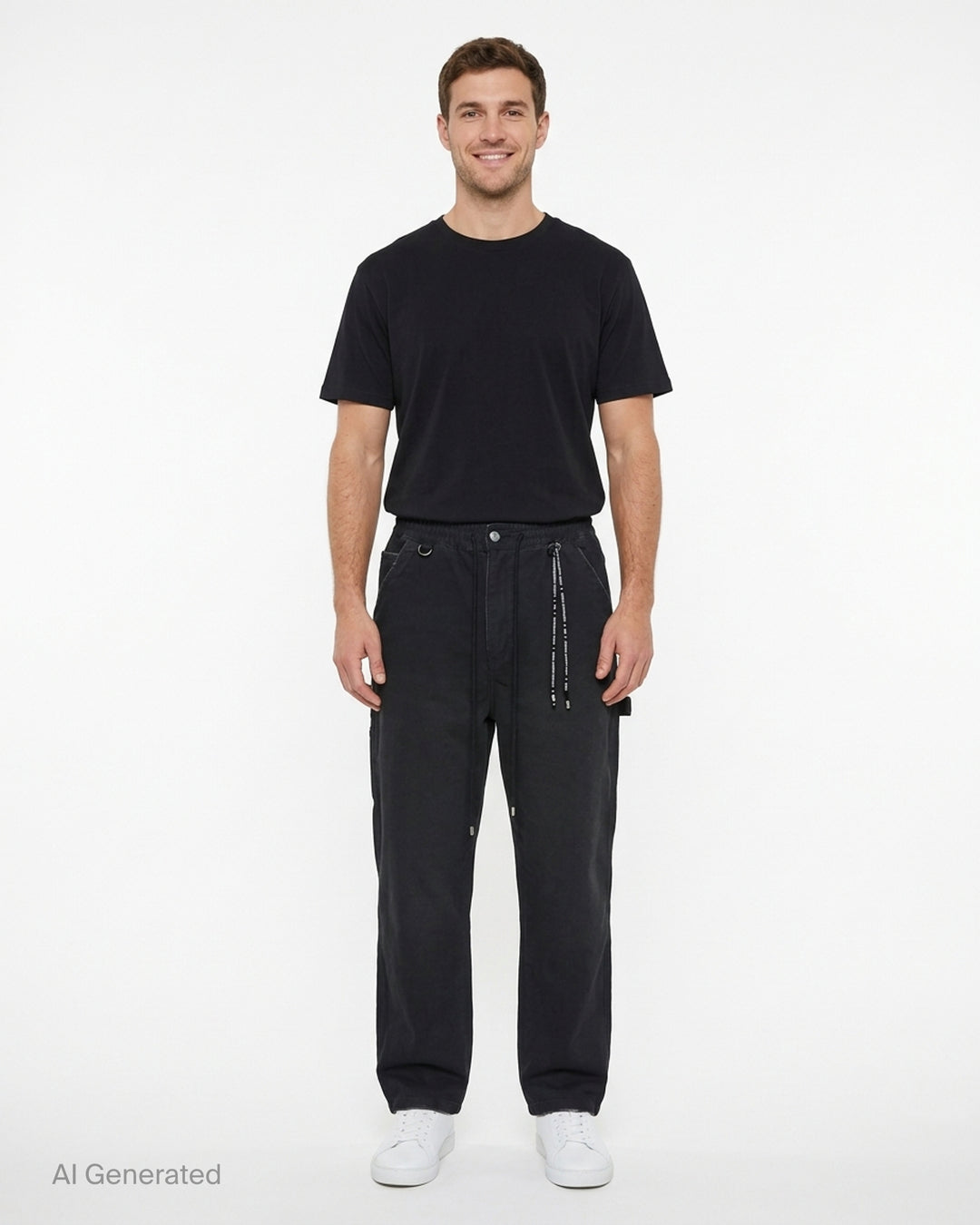 Mastermind stone washed straight easy pants in faded black with drawstring waist, hammer loop and branded cord detail - front