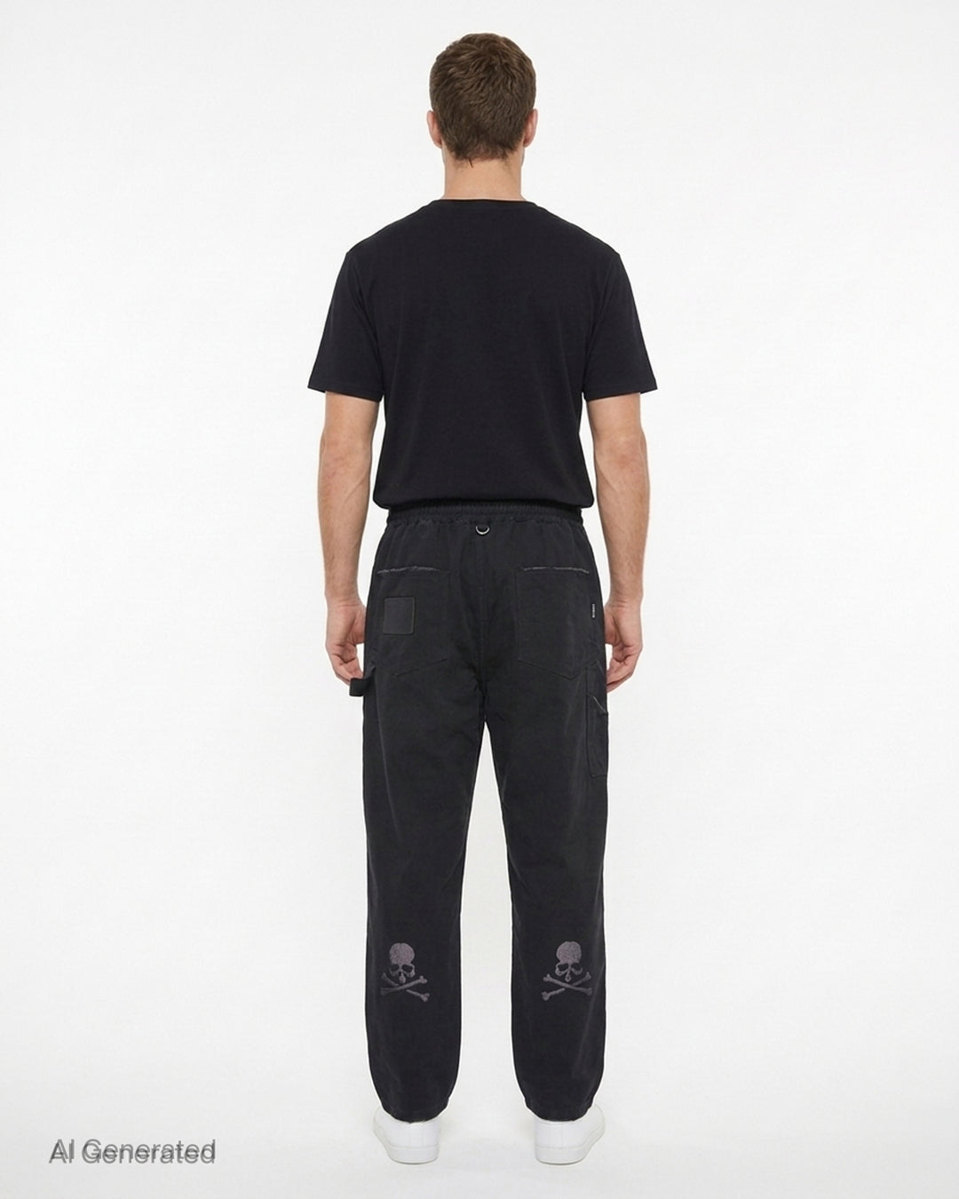 Mastermind stone washed straight easy pants in faded black with drawstring waist, hammer loop and branded cord detail - back