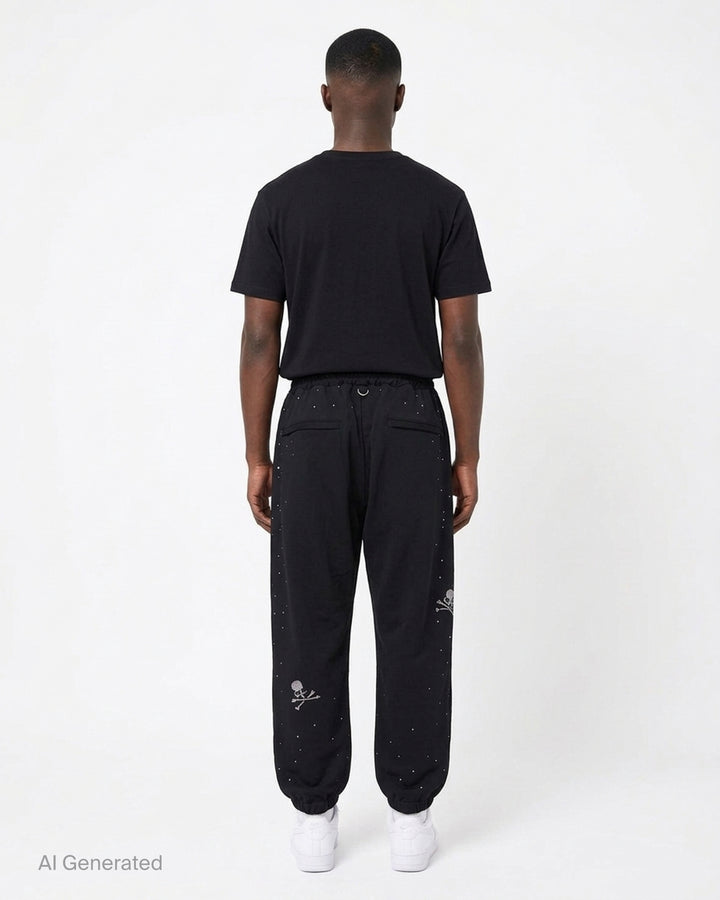 Mastermind black jersey joggers embellished with scattered Swarovski crystals, with drawstring waist, D-ring and ribbon tassel detail - back