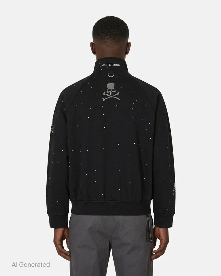 Mastermind black jersey track jacket embellished with scattered Swarovski crystals and crystal skull-and-crossbones motifs on the sleeves - back