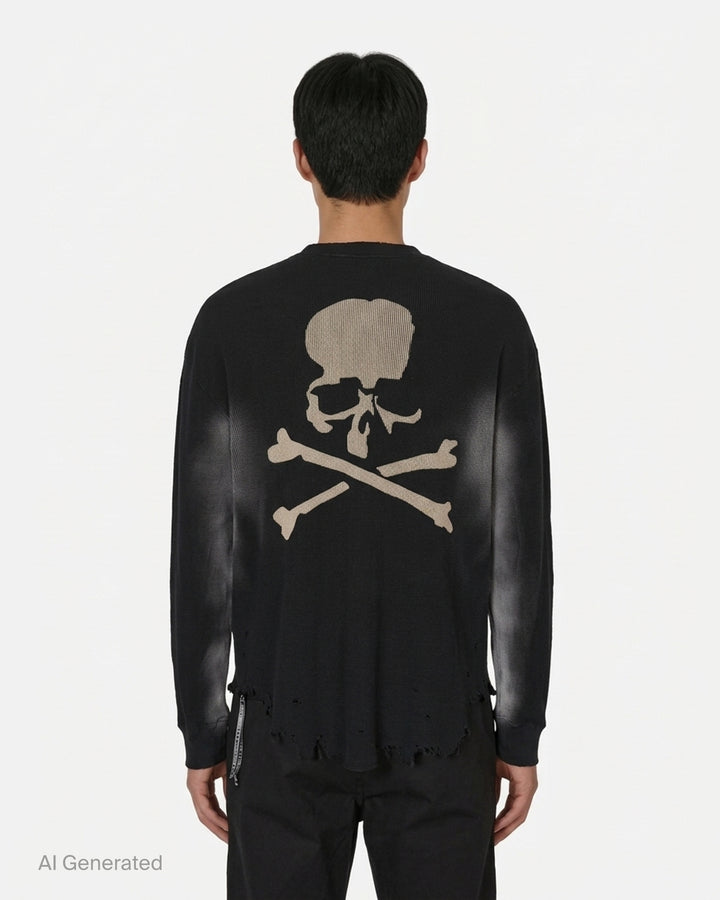 Mastermind black vintage waffle long sleeve tee with 'Too boring...' slogan print and distressed raw hem - back