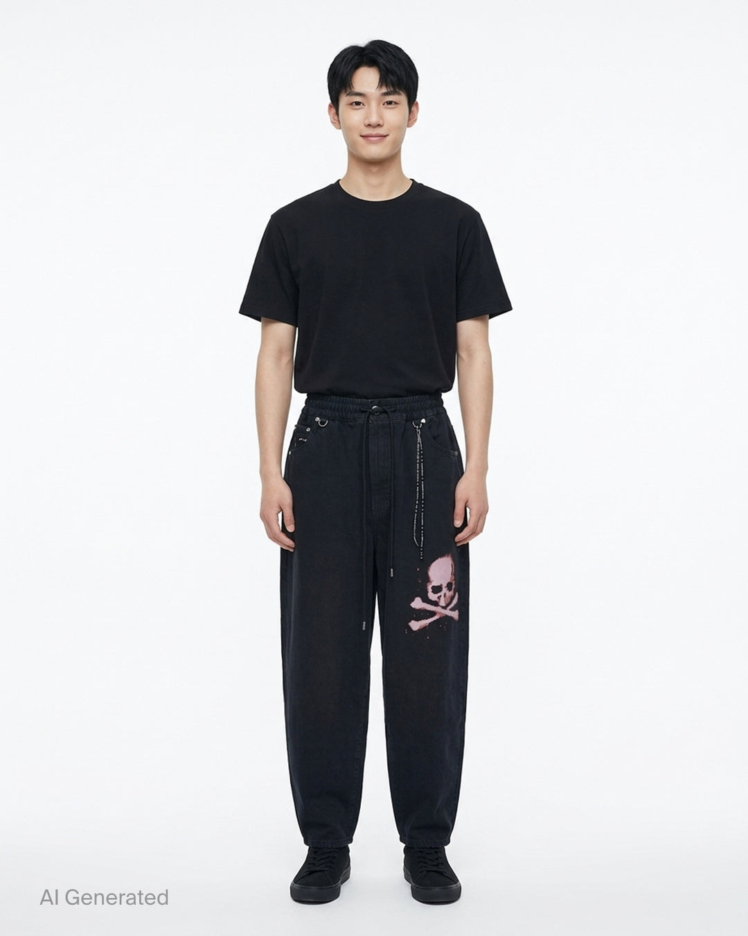 Mastermind wide easy denim pants in washed black with a pink skull and crossbones graphic, drawcord waist and metal D-ring details - front