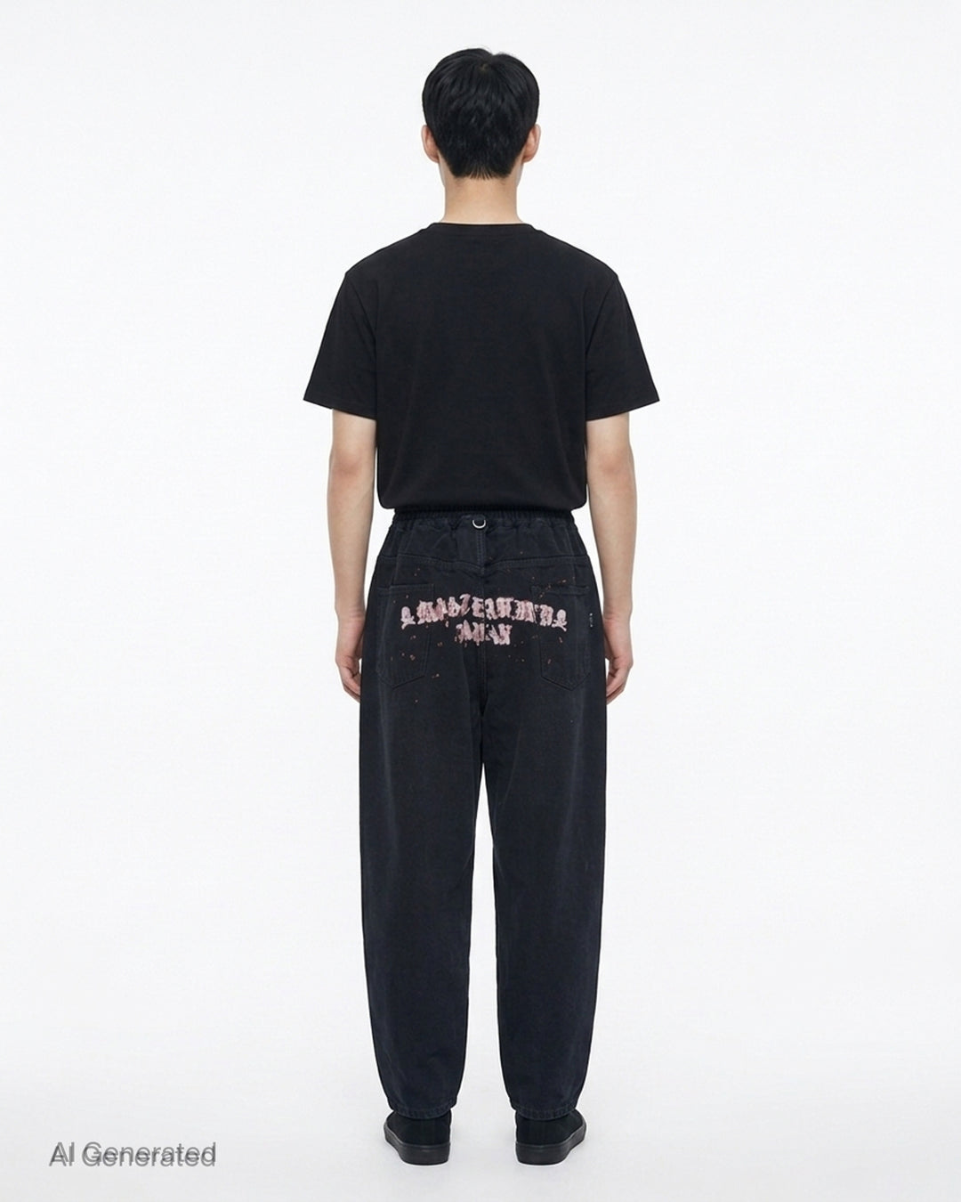 Mastermind wide easy denim pants in washed black with a pink skull and crossbones graphic, drawcord waist and metal D-ring details - back
