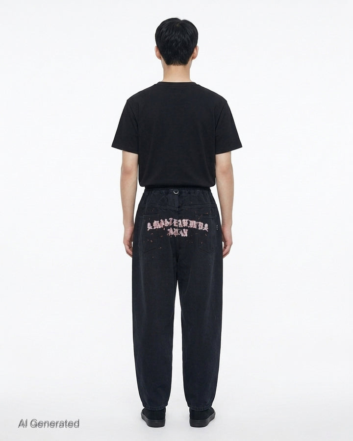 Mastermind wide easy denim pants in washed black with a pink skull and crossbones graphic, drawcord waist and metal D-ring details - back